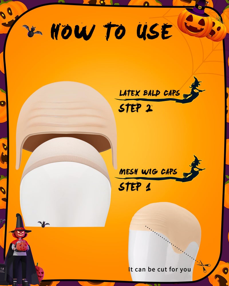 Hoedia 2-Pack Latex Bald Cap with 2 PCS Wig Caps for Adults Women Men, Cosplay Costume Accessories for Halloween Party - Image 3